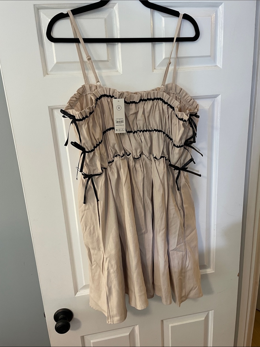 No Boundaries mini dress cream black ribbon ties ruffled square neckline nwt - Picture 9 of 16